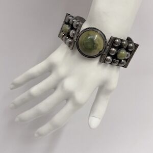 Vintage 1940's Sterling Mexican Green Onyx Panel Bracelet 88 Grams 7 7/8" Long